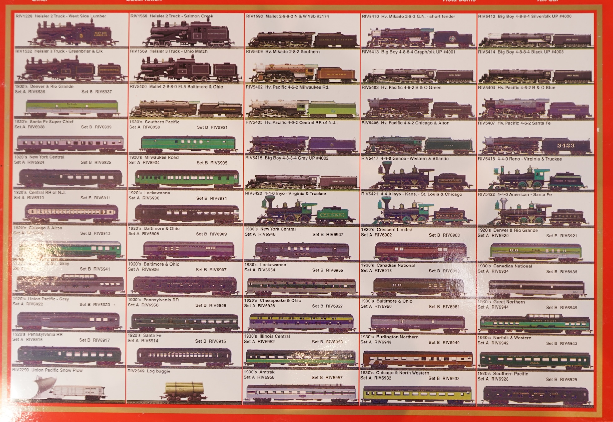 Two boxed Rivarossi 1920s Union Pacific coach packs; A Set (6922) and B Set (6923), both containing four coaches, together with four additional individually boxed coaches; (2641, 2x 2642, and 2643)